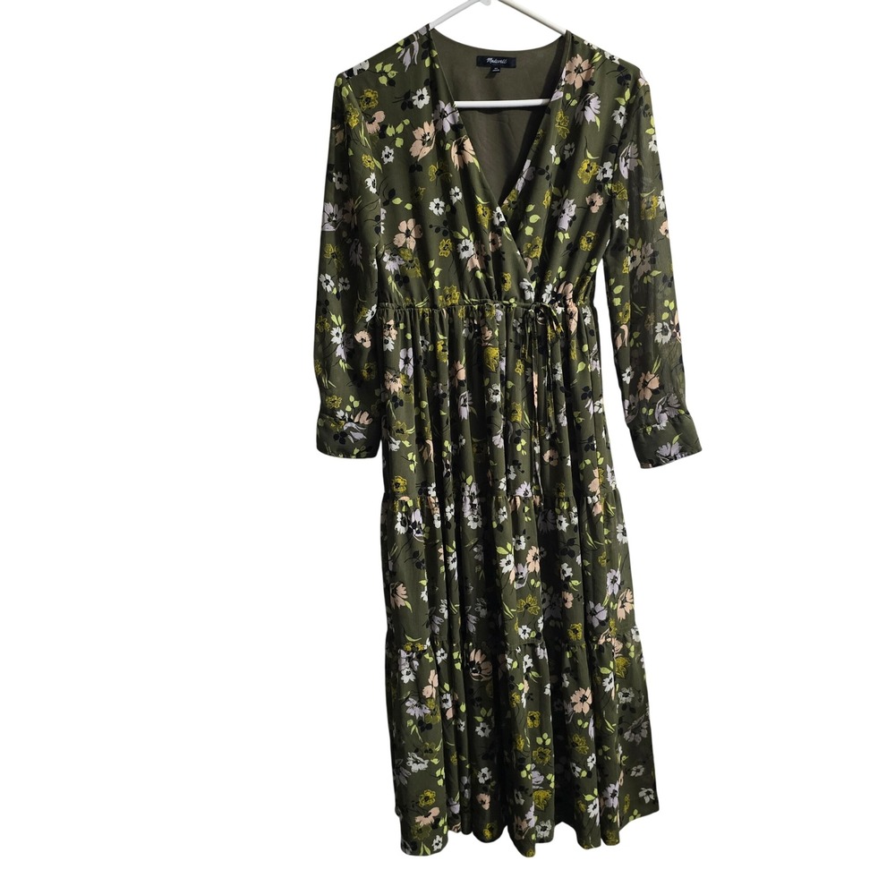 Madewell Cinch-Waist Tiered Midi Dress Wildblooms XS Green Floral Long Sleeve